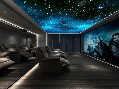 Luxurious Home Theater Room Interior With Starry Sky Ceiling Large Projection Screen And Recliner Seats 3d model