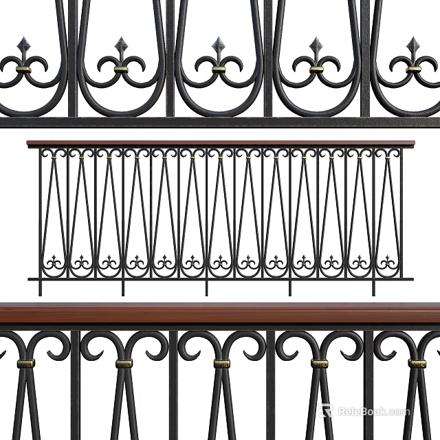 Elegant Iron Railing With Ornate Patterns And Wooden Top Rail Design 3d model 