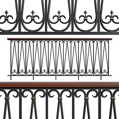 Elegant Iron Railing With Ornate Patterns And Wooden Top Rail Design 3d model