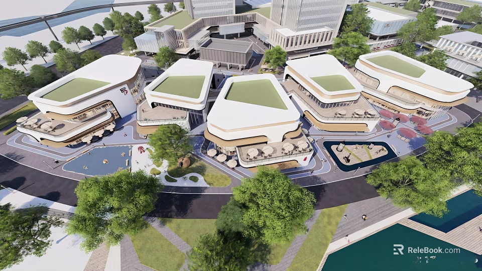 Modern Scenic Commercial Street With Green Roofs Lush Trees Water Features And Leisure Areas 3d model 