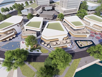 Modern Scenic Commercial Street With Green Roofs Lush Trees Water Features And Leisure Areas 3d model