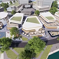 Modern Scenic Commercial Street With Green Roofs Lush Trees Water Features And Leisure Areas