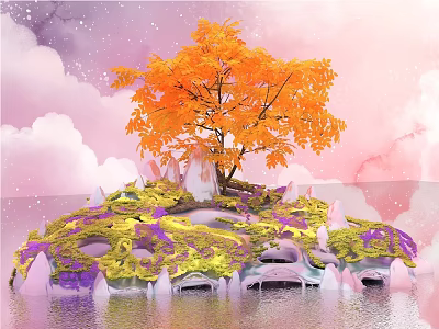 Dreamy Photo Check In Spot With Orange Tree Purple Green Plants Pink Clouds And Water 3d model