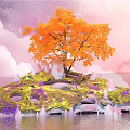 Dreamy Photo Check In Spot With Orange Tree Purple Green Plants Pink Clouds And Water