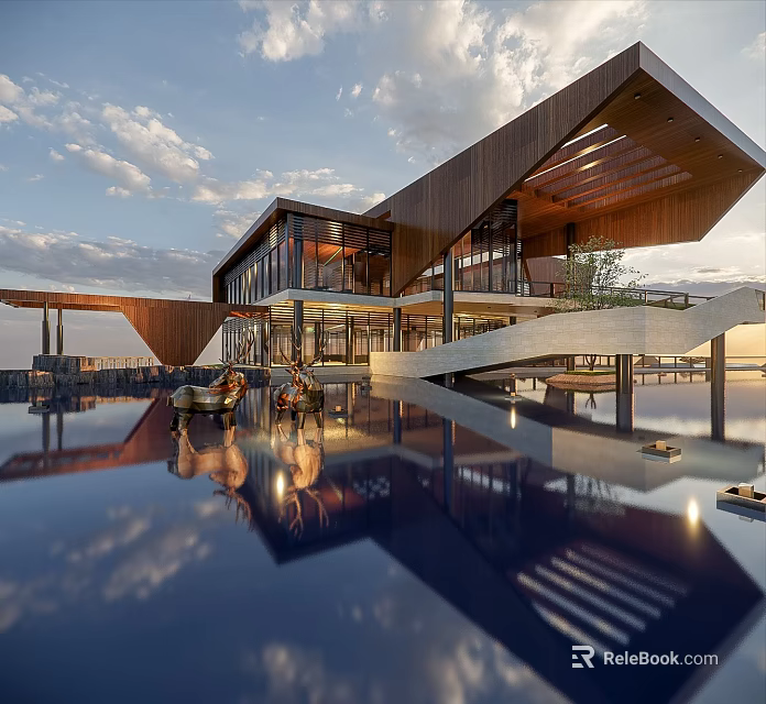 Stunning Modern Villa With Glass Facade Wooden Roof Pool Reflection And Outdoor Furniture 3d model 