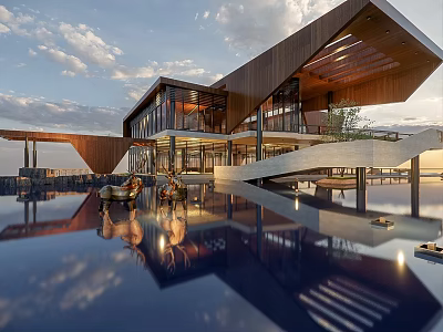 Stunning Modern Villa With Glass Facade Wooden Roof Pool Reflection And Outdoor Furniture 3d model
