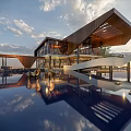 Stunning Modern Villa With Glass Facade Wooden Roof Pool Reflection And Outdoor Furniture 3d model