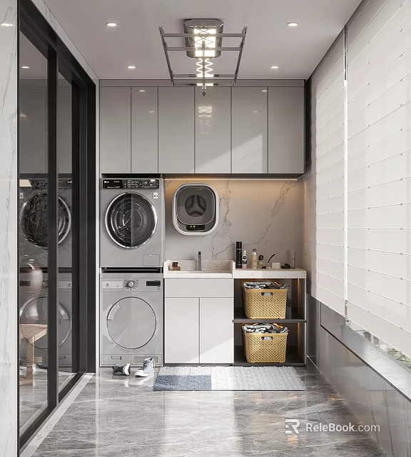 Modern Home Balcony With Washing Machine Dryer Sink Cabinets And Storage Baskets 3d model 