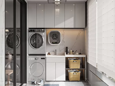 Modern Home Balcony With Washing Machine Dryer Sink Cabinets And Storage Baskets 3d model
