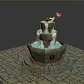 Multi Tiered Stone Fountain With Flowing Water White Doves And Benches On Pavement