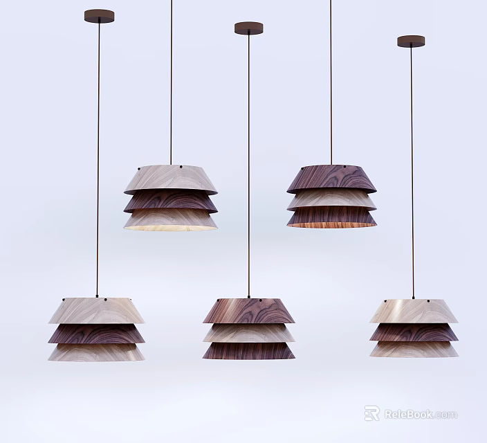 Multiple Modern Wooden Pendant Lights With Layered Design And Light Dark Wood Tones 3d model 
