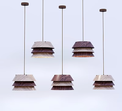 Multiple Modern Wooden Pendant Lights With Layered Design And Light Dark Wood Tones 3d model