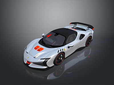 White Sports Car With Black Roof Orange Accents And Rear Spoiler 3d model