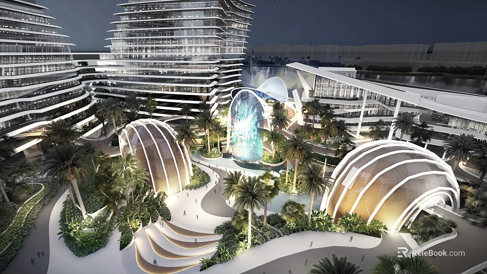 Modern Hotel Building Night View With Tall Structure Circular Arches Fountain Palm Trees And Garden 3d model 