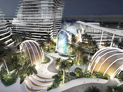 Modern Hotel Building Night View With Tall Structure Circular Arches Fountain Palm Trees And Garden 3d model