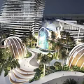 Modern Hotel Building Night View With Tall Structure Circular Arches Fountain Palm Trees And Garden