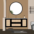 Elegant Modern Bathroom Vanity Cabinet With Rattan Doors White Countertop And Round Mirror