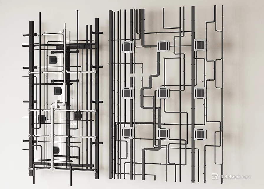 Modern Abstract Metal Pipe Structure Featuring Interlaced Black And White Layout 3d model 