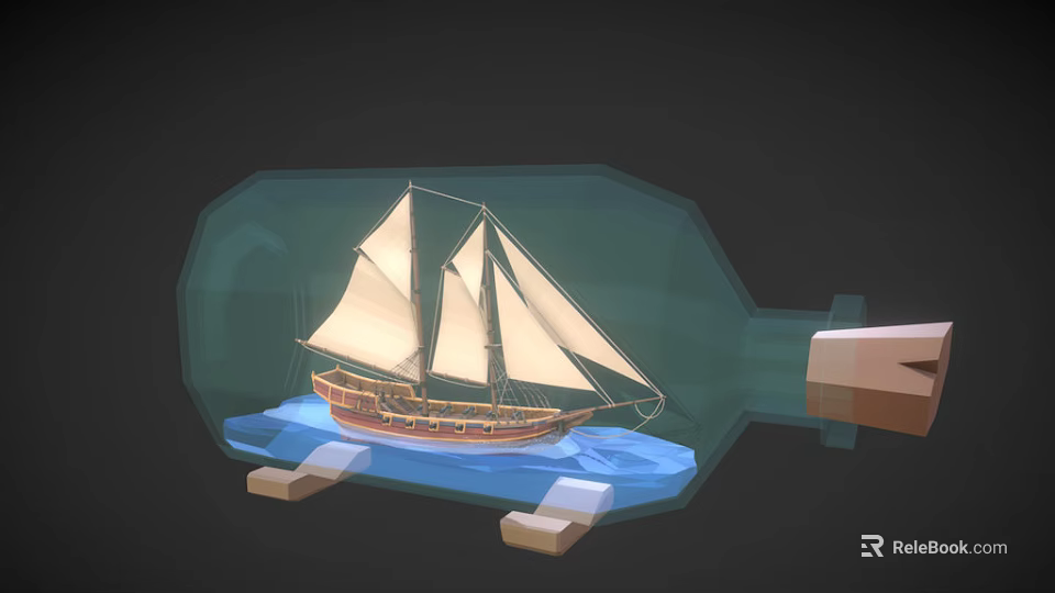 Decorative Ornament Set With Green Bottle Containing Sailboat Model And Blue Water Wooden Base 3d model 