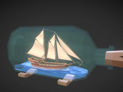 Decorative Ornament Set With Green Bottle Containing Sailboat Model And Blue Water Wooden Base 3d model