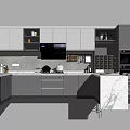 Modern Gray Kitchen Interior With Sleek Cabinets Appliances And Marble Countertop
