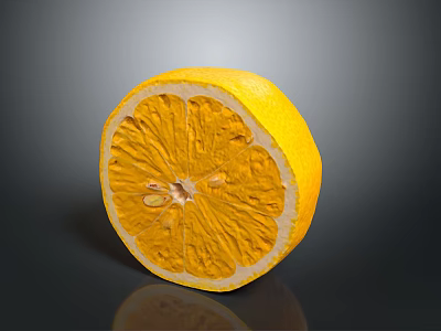 Fresh Sliced Lemon with Bright Yellow Flesh and White Peel on Black Background with Reflection 3d model