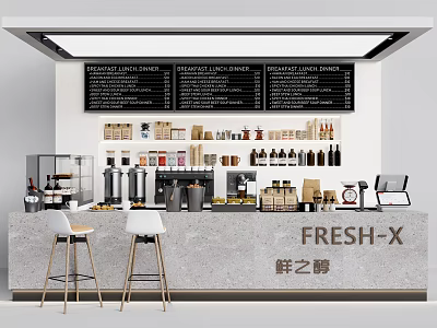 Modern Café Interior With Bar Counter Menu Boards Coffee Machines Drinks And Bar Stools 3d model