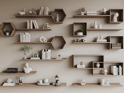 Modern Wall Mounted Shelves With Hexagonal Design And Decorative Books Plants 3d model