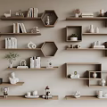 Modern Wall Mounted Shelves With Hexagonal Design And Decorative Books Plants
