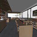 Modern Retail Store Interior with Wooden Shelves Counters Large Windows and Displayed Products