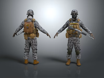 Front And Back Views Of Military Characters In Camouflage Uniforms With Tactical Gear And Weapons 3d model