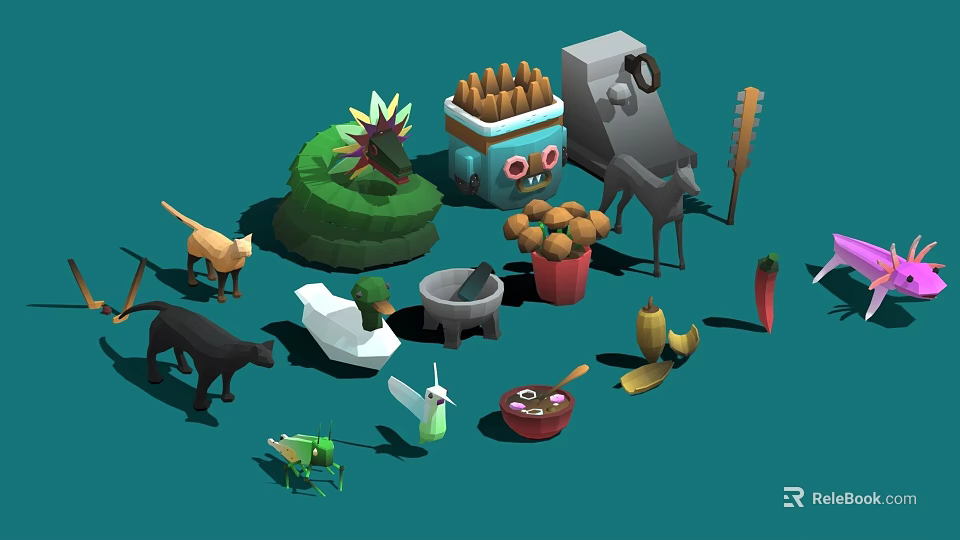 Low Poly Game Movie Characters With Animal Plant Food And Props Design 3d model 