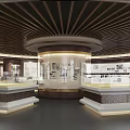 Elegant Exhibition Hall With Circular Central Structure Wooden Ceiling Display Cases And Wall Exhibits