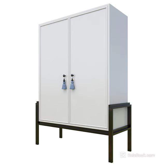 Elegant Modern White Wardrobe Design With Double Doors Decorative Knobs And Black Metal Stand 3d model 
