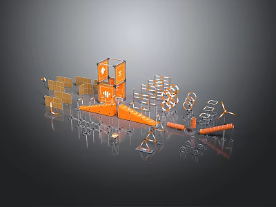 Orange And Silver Industrial Elements Featuring Signs Railings Windmills And Cones 3d model