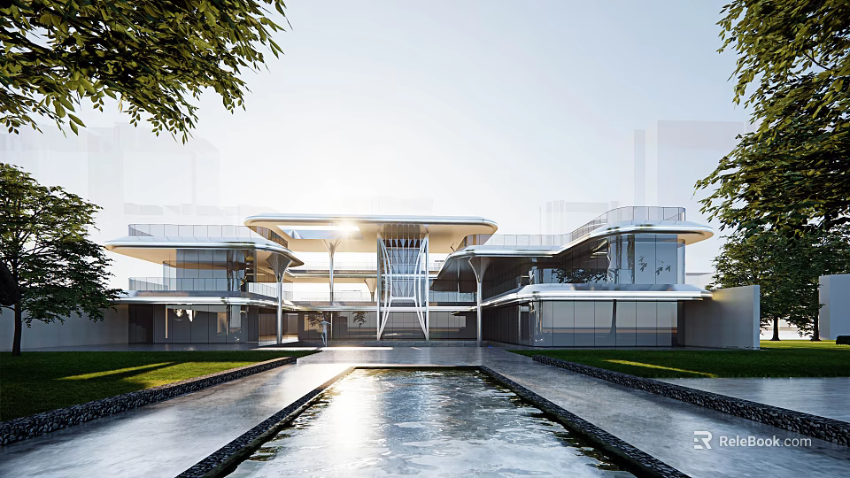 Modern Sales Office Building With Glass Curtain Wall And Symmetrical Water Feature Under Natural Sunlight 3d model 