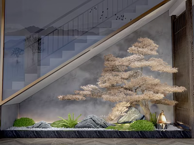 Indoor Landscape Interior With Staircase Railing Decorative Pine Tree Rockery And Green Plants 3d model