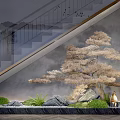 Indoor Landscape Interior With Staircase Railing Decorative Pine Tree Rockery And Green Plants