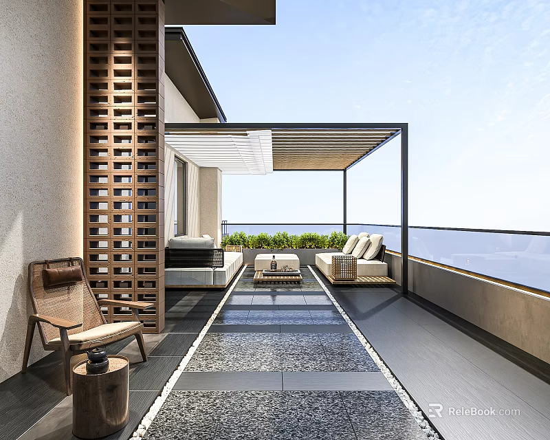 Modern Home Balcony Featuring Wooden Lattice Outdoor Sofa Leisure Chair Tiled Floor And Scenic View 3d model 
