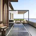 Modern Home Balcony Featuring Wooden Lattice Outdoor Sofa Leisure Chair Tiled Floor And Scenic View