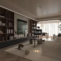 Warm Modern Open Living And Dining Interior With Wooden Bookshelves And Cozy Soft Furnishings