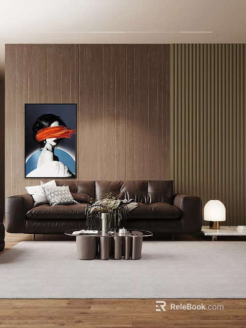 Brown Leather Two-Seater Sofa with Pillows Glass Coffee Table and Wooden Striped Wall Painting 3d model 