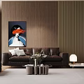 Brown Leather Two-Seater Sofa with Pillows Glass Coffee Table and Wooden Striped Wall Painting