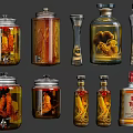 Various Glass Wine Bottles and Drinking Glasses with Herbal Infusions and Liquor