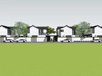 White Guesthouse Building With Black Roofs Front Lawn Trees And Parked Cars 3d model