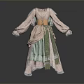 Medieval Style Light Green Pink Dress With Brown Corset Flowy Sleeves And Layered Skirt