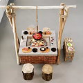 Traditional Hotpot Restaurant With Brick Stove Wooden Frame Log Stools Ingredients Shelf And Industrial Windows