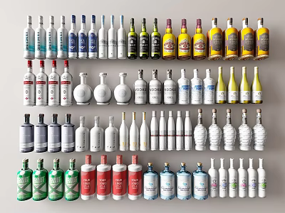 Neatly Arranged Assorted Wine Bottles Featuring Colorful Designs And Different Shapes 3d model