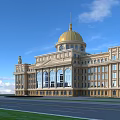 Grand Office Building With Golden Dome Symmetrical Design And Front Water Pool