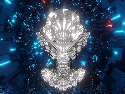 Futuristic Silver Sculpture Photo Spot With Neon Lights And Sci-Fi Background 3d model